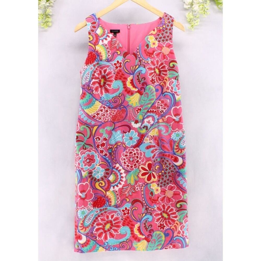 Talbots Pink Mod Floral Texture Stretch Cotton Sleeveless Summer Shift Dress 8
